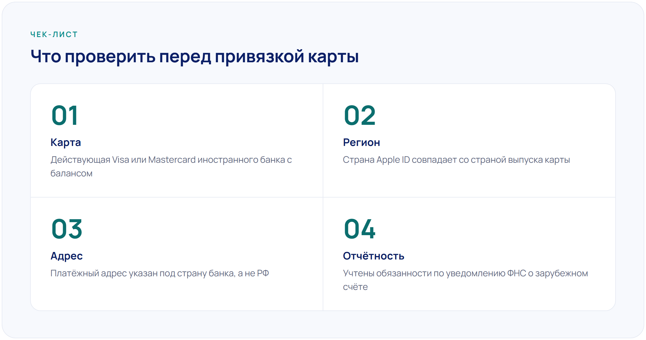 Чек-лист перед привязкой карты к Apple ID: карта, регион, платёжный адрес и отчётность в ФНС