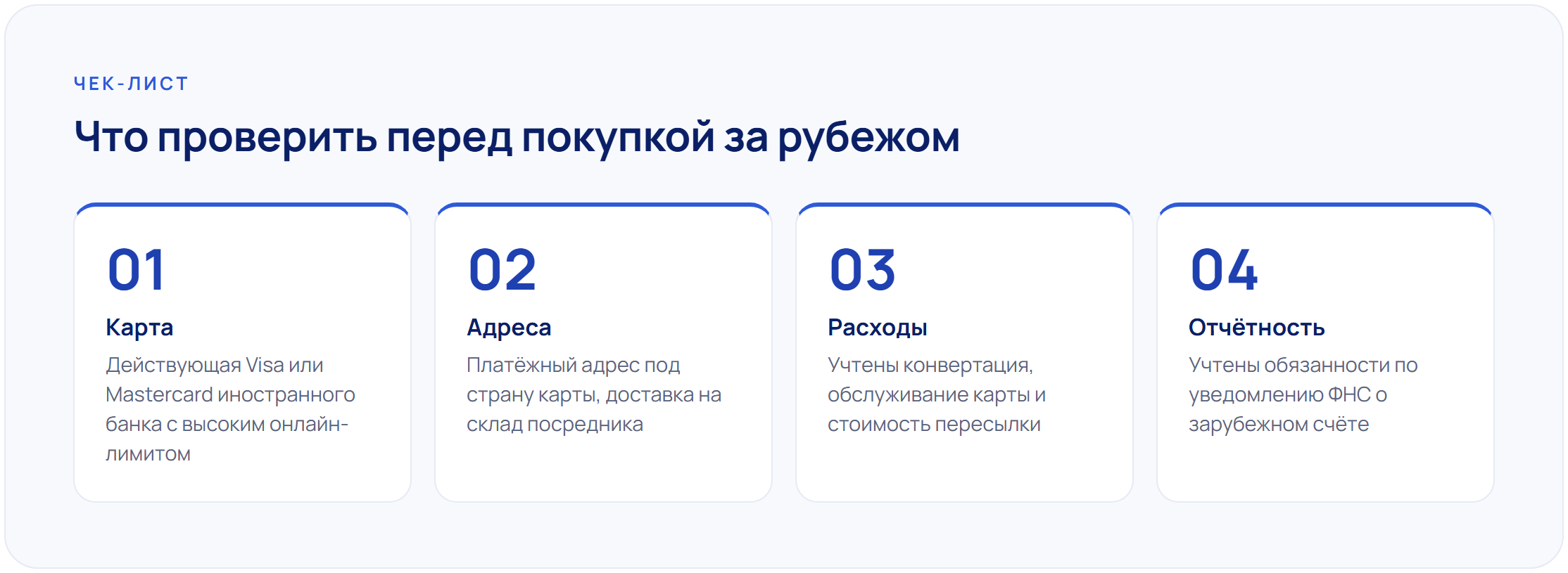 Чек-лист перед покупкой за рубежом: карта, адреса, расходы и уведомление ФНС